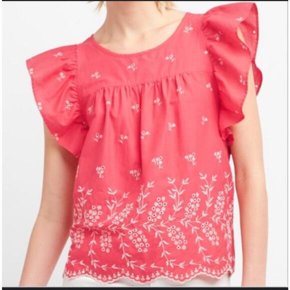 GAP BLOUSE PINK WHITE EMBROIDERED FLOWERS  RUFFLED SLEEVES WOMENS LARGE - Picture 1 of 7